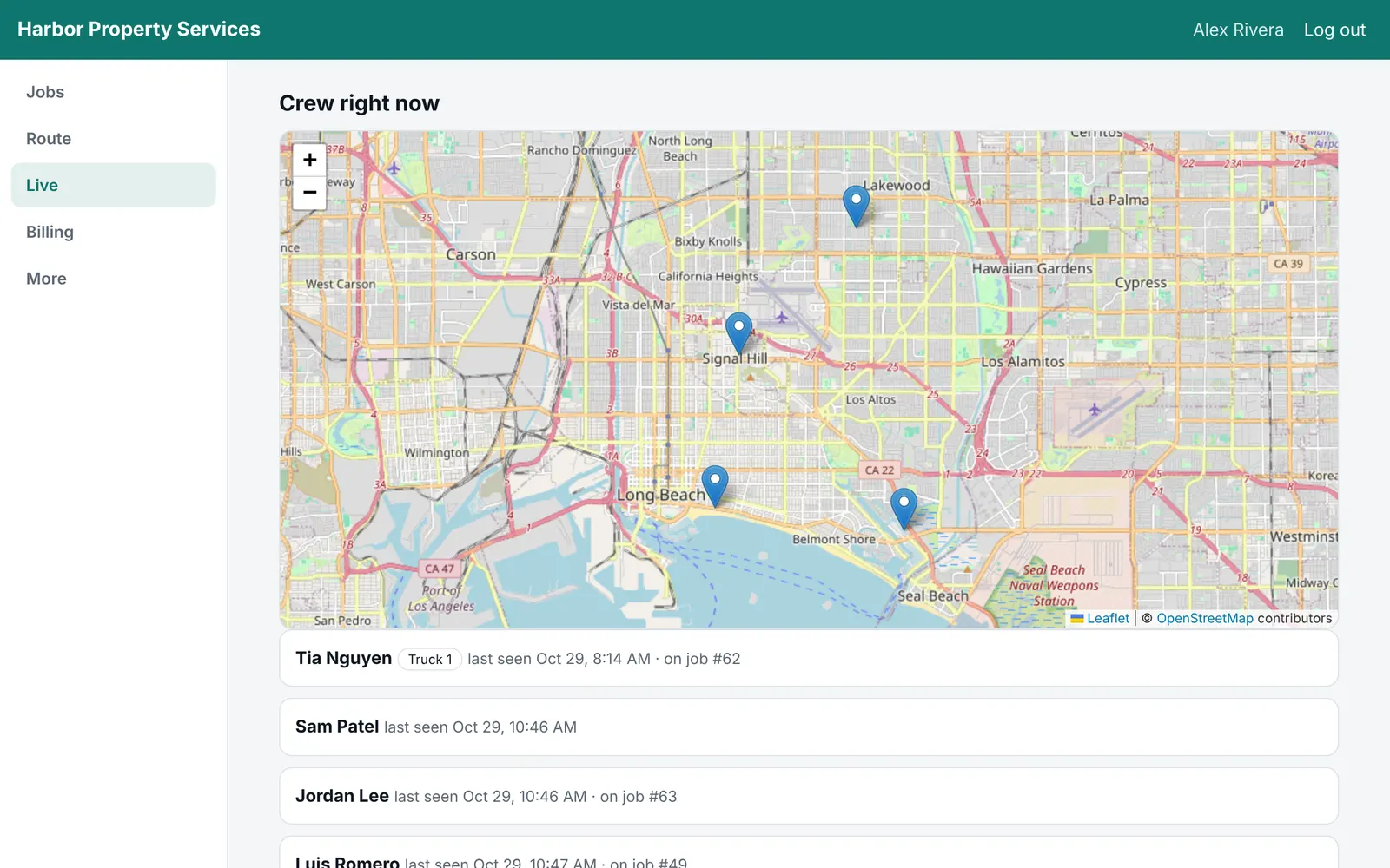 The live map with three crews out on their routes